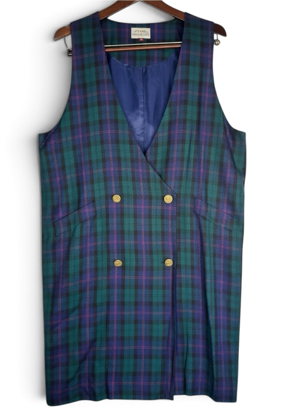 Vintage 90s Susan Bristol Tartan Plaid Jumper Dress Gold Buttons 12